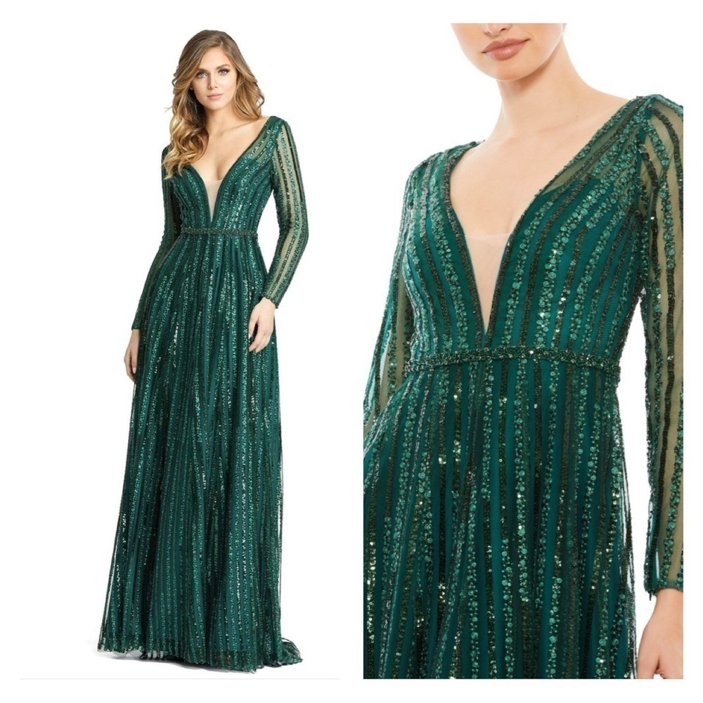 Mac Duggal 11184 NWT Plunging Striped Sequin Long Sleeve Gown